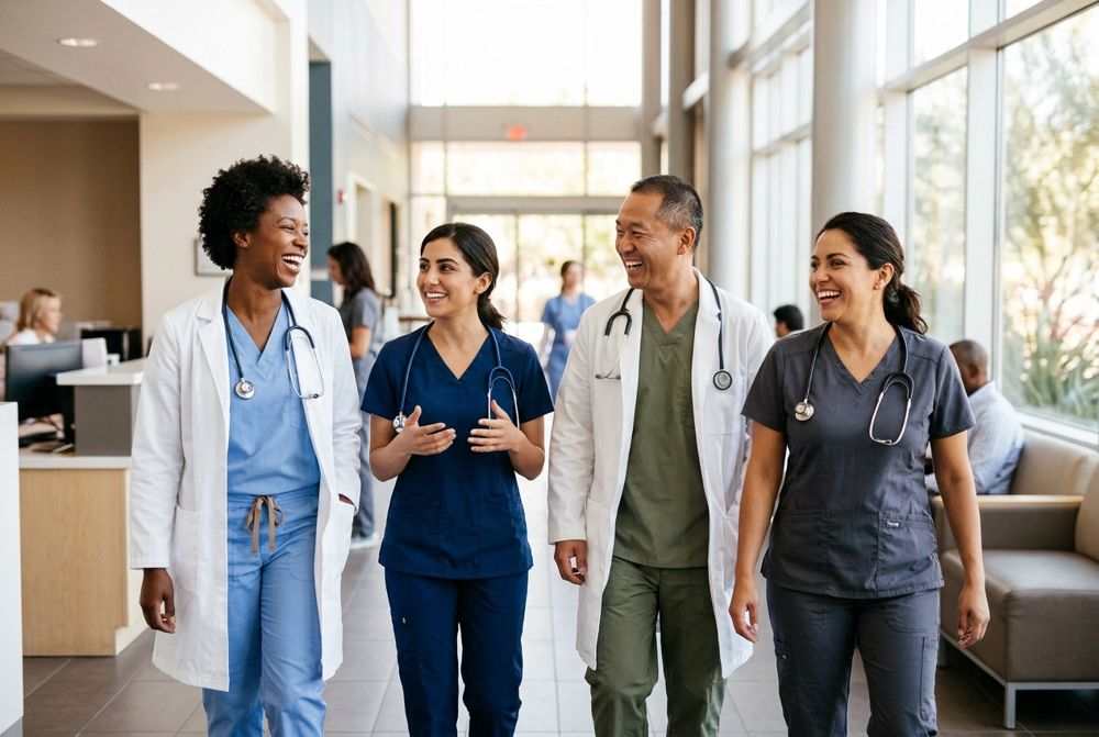Healthcare team members talking and laughing together in a bright clinic hallway
